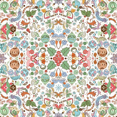 A whimsical and festive seamless pattern featuring charming animals, festive ornaments, and botanical elements in a hand-drawn, intricate design