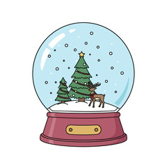 Festive Christmas snow globe illustration with evergreen trees and a reindeer, creating a magical winter wonderland scene