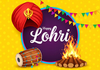 Happy lohri festival celebration with bonfire and dhol