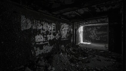 Desolate subterranean space with monochrome tones, featuring structural elements and textured surfaces