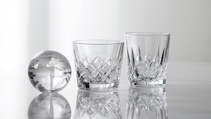 Crystal glassware displayed against a reflective surface, emphasizing clarity and shine