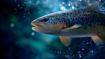 Fototapeta premium Faceless underwater capture — trout viewed from side, gentle curve of its body surrounded by bokeh-like water particles, with copy space.