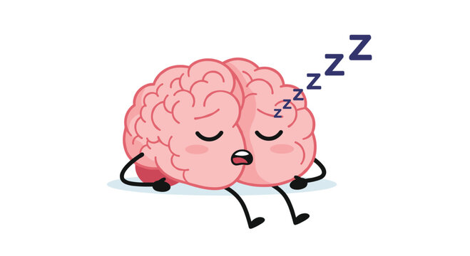 Cartoon illustration of a sleepy brain with arms and legs, appearing tired and yawning with 'z' symbols indicating sleep, representing mental fatigue or burnout.