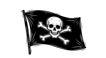 Fototapeta premium Illustration of a pirate flag with skull and crossbones design, clean white backdrop
