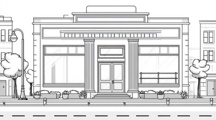 Fototapeta premium Black and white illustration of a building on a street with trees and sky