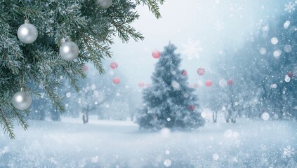 Christmas ornaments in white and blue on fir tree branches with snow, festive winter scene
