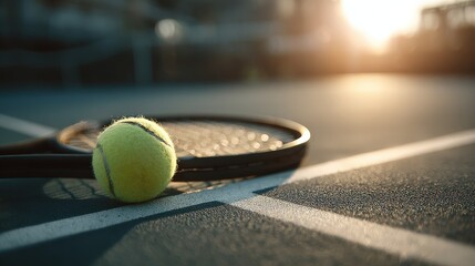 Tennis ball and racket rest on court during sunset.