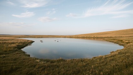 Tranquil water body amidst a tundra environment
