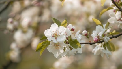 Obraz premium Blooming Apple Tree with White Petals, soft focus backdrop, seasonal change