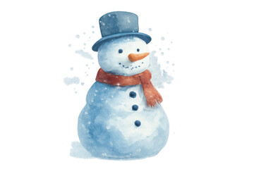 Snowman with blue hat and red scarf watercolor illustration, celebrating winter holiday season,...