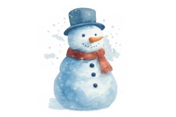 Snowman with blue hat and red scarf watercolor illustration, celebrating winter holiday season, transparent background