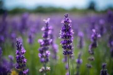 Obraz premium Detailed view of bright purple lavender flowers in a meadow