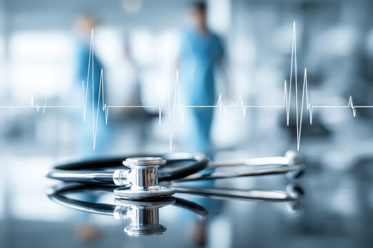 Stethoscope placed on reflective surface, with heartbeat graph overlay and medical professionals blurred in background, emphasizing healthcare environment