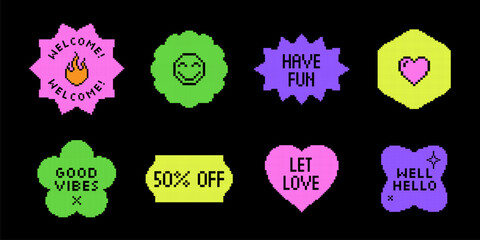 Pixel y2k retro stickers set. Abstract vector icon elements in vaporwave acid style. Geometric 8bit frame shapes in pixel art style. Digital brutalist techno bitmap badge symbols collection. Isolated