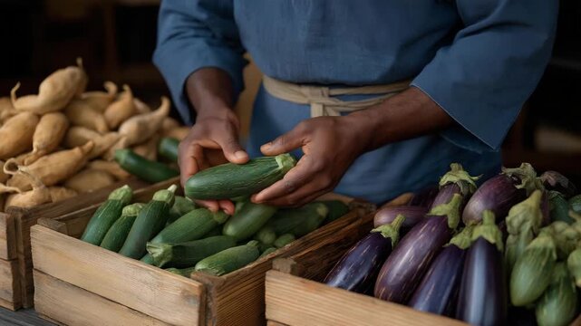 Yoga studio session with Indian instructor arranging fenugreek and eggplant in wooden crates for post-class snacks, mindful organic farming, zen vegetable arrangement, sustainable wellness harvest,