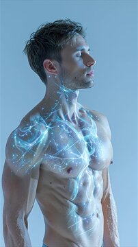 Healthy man upper body with holographic display showing CLA reducing body fat and promoting lean muscle tone