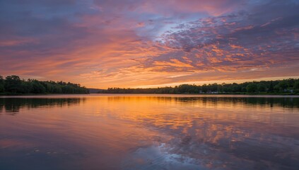 Obraz premium Evening hues over a tranquil lake scene with vibrant sky and water reflections