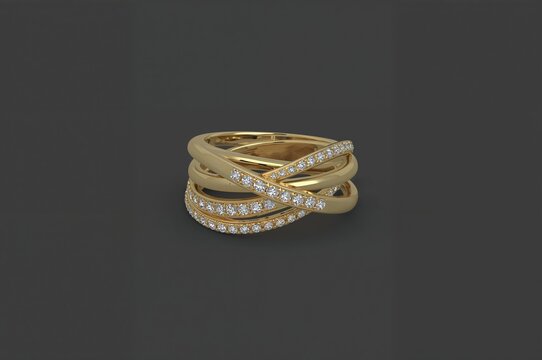 Mockup of a twisted gold ring adorned with diamonds. A shining ladies' jewelry piece, fully visible and isolated. Template depicting a polished precious metal accessory.