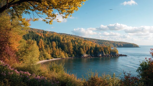 Picturesque lake bordered by lush forest and stunning natural scenery - Powered by Adobe