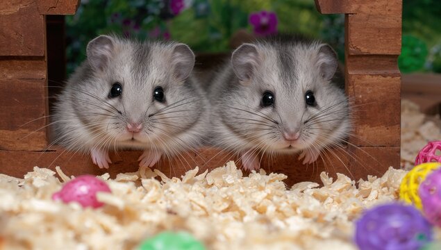 Two adorable dwarf hamsters peering from a bedding-filled enclosure