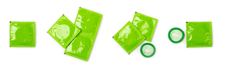 Condoms isolated on white background. Colorful fruit-colored condoms in packaging. Safe sex...