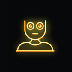 Yellow neon sign of a person feeling dizzy with spiral eyes on a black background