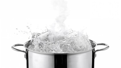 Boiling water in a pan on a white backdrop, suitable for culinary demonstrations
