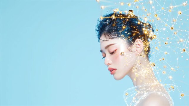 Futuristic Asian woman surrounded by holographic collagen strands glowing around face, beauty technology theme