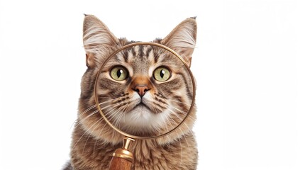 Fototapeta premium Close-up of an inquisitive Scottish Straight cat peering through a magnifying glass against a white backdrop