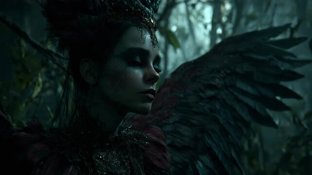 Female Fairy Queen Elf with Branch Crown and Black Wings in Misty Magical Forest Dark Fantasy Portrait for Game Character Design Concept Art

