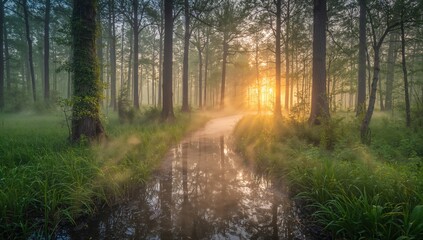 Fototapeta premium A foggy wetland scene at daybreak with vivid hues.