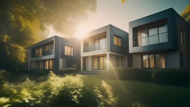 静かな朝のモダン住宅街シーン
