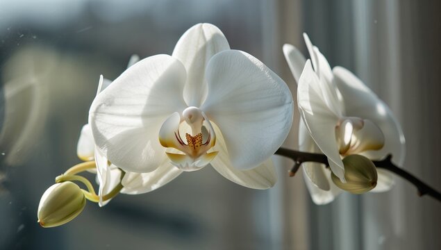 Close-up of a white orchid by the window, showcasing natural light, ideal for floral-themed decor