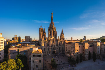 The Cathedral of the Holy Cross and Saint Eulalia, aka Barcelona Cathedral, in Barcelona,...