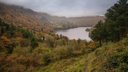 Naklejka premium Autumn scenery surrounding the Upper Lake, showcasing seasonal change