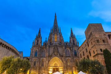 The Cathedral of the Holy Cross and Saint Eulalia, aka Barcelona Cathedral, in Barcelona,...