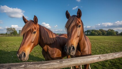 Obraz premium Brown Horses Grazing In A Pasture, Focus On Natural Behavior