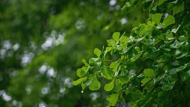 Ginkgo tree displaying vibrant green new leaves following rainfall amidst blurred greenery, natural backdrop for design purposes - Powered by Adobe