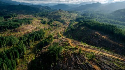 An aerial view of a deforested landscape juxtaposed with lush, untouched evergreen forests under a cloudy sky