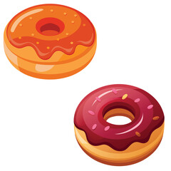 Isolated pink and chocolate glazed donuts set on a white background for a sweet, delicious pastry snack