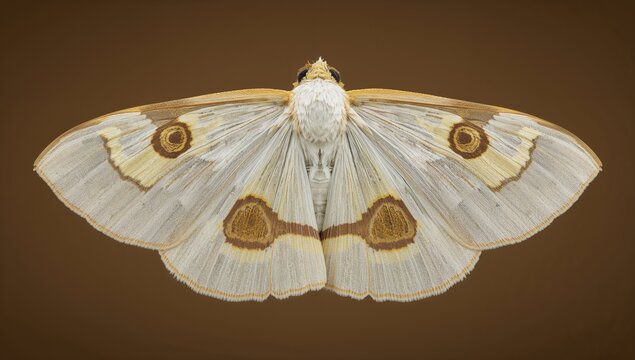 The ailanthus silkmoth, known scientifically as Samia Cynthia, belongs to the saturniid moth family and features large wings marked by crescent-shaped spots and striped patterns in white, yellow, and