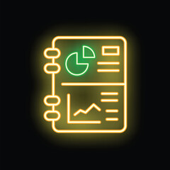 Glowing neon icon of a notebook displaying charts and graphs, representing business data analysis and reporting