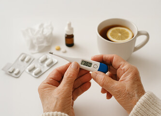 Sick person measuring temperature with digital thermometer. Flu treatment concept with pills, tea, and medicine on white background.