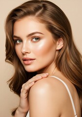 Portrait of beautiful woman with glowing skin and long brown hair for skincare and beauty product ads