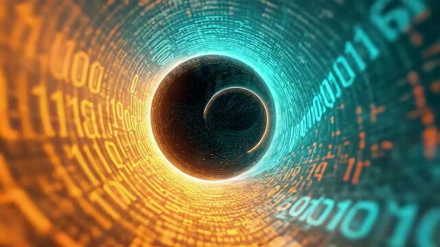Digital data stream swirling through glowing tunnel with binary code pattern in orange and blue colors creating concept of technology vortex motion