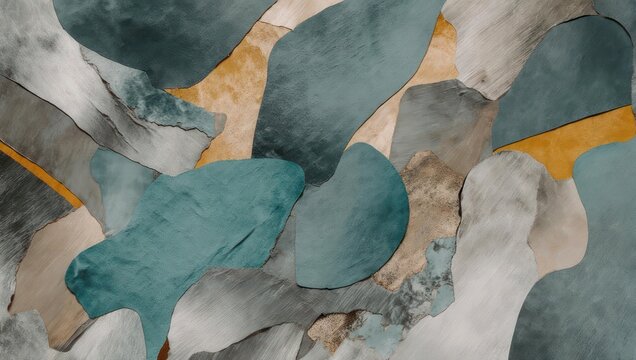 Abstract art with organic shapes in teal, orange, and gray.