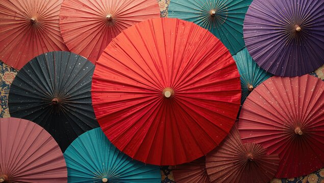 Vibrant traditional Asian paper umbrellas with intricate patterns and rich colors