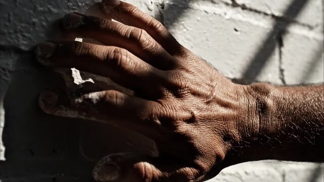 Strong male hand pressing against white brick wall in dramatic sunlight  
