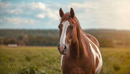 Brown and white horses grazing in a serene rural landscape, showcasing peaceful coexistence