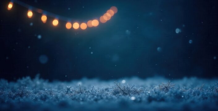 Festive winter background with glowing string lights and snow. Close-up of snowflakes on a dark blue night with bokeh effect. Christmas holiday concept with copy space